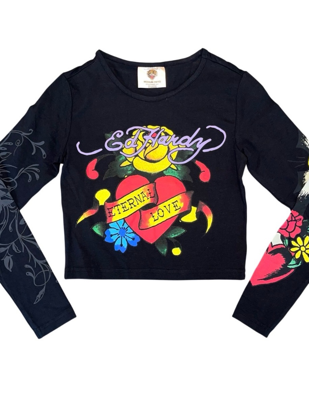 Ed hardy black long sleeve tee shirt. Gray floral right sleeve. Left sleeve whit
